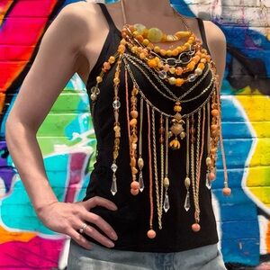 Handmade Orange Beaded & Chain Fringe Halter Top Festival Gold Tone Upcycled